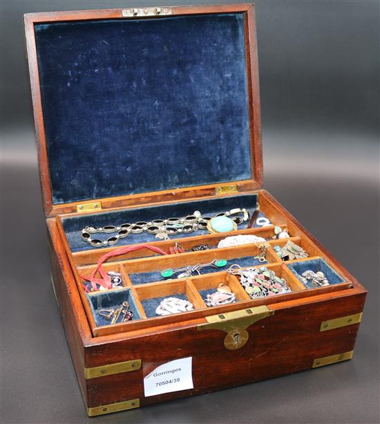 Victorian mahogany brass bound jewellery box and a quantity of necklaces